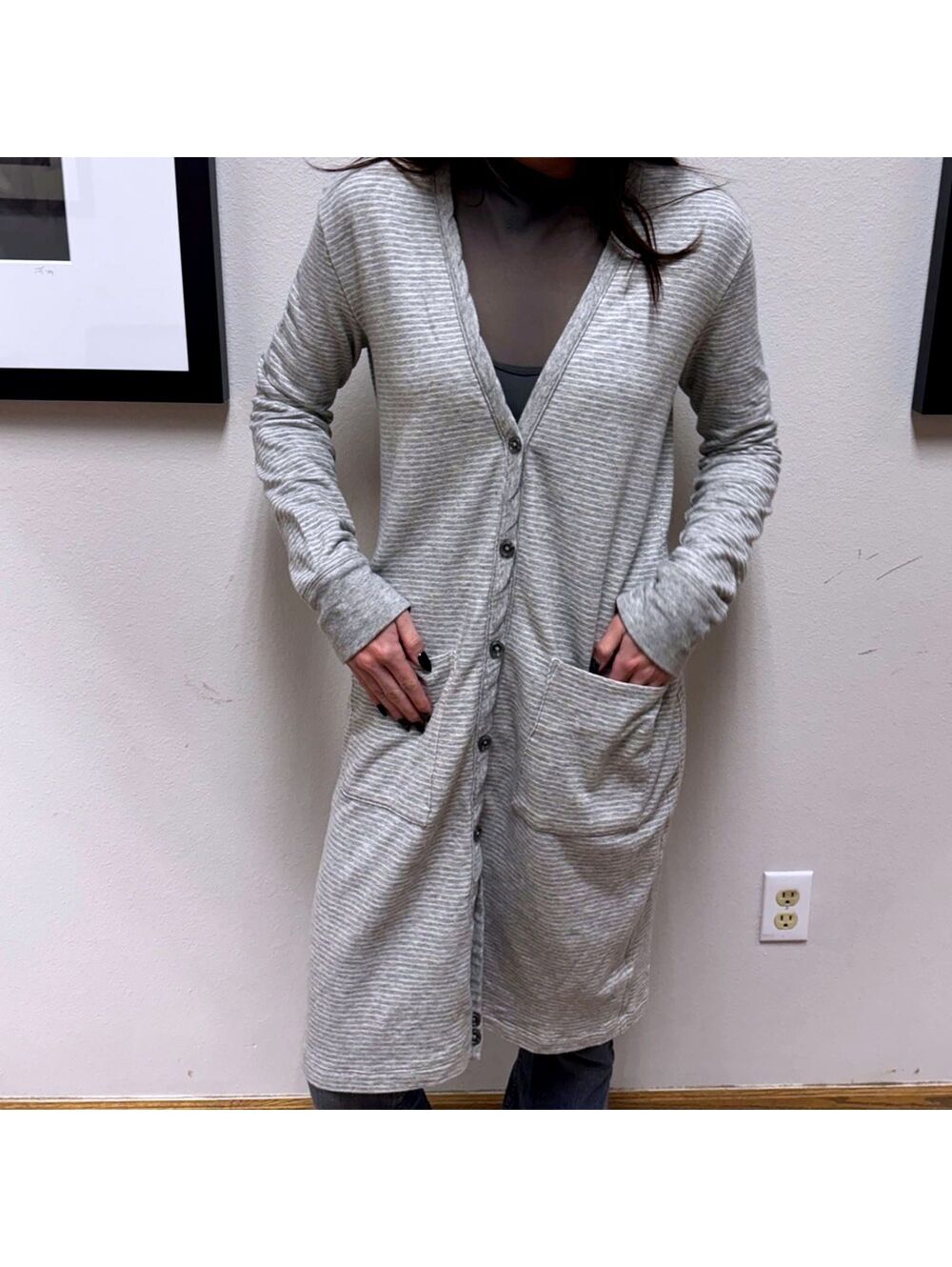 James Perse Standard Long Duster Cardigan Gray White Cotton Blend Size 3 USA